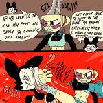 4_toes anthro black_arms black_body black_fur boxing_gloves chloe_(fellowthewulf) clothing cocky comic container cup dialogue duo english_text face_kick feet fellowthewulf female fighting_ring foot_on_face foot_wrapping foot_wrappings foot_wraps for_a_head fur handwear hi_res humanoid kick kickboxing knockout leg_wrap leg_wraps miss_tea_(netto-painter) mouthguard muay_thai muscular muscular_female object_head speech_bubble steaming_mad tall_girl tassels tea_bag tea_cup teasing text toes tongue tongue_out toony topwear white_face wraps yellow_body