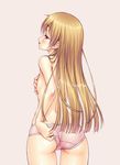  adjusting_clothes adjusting_panties amakawa_akito ass blonde_hair covering covering_breasts from_behind grey_background long_hair looking_back original panties parted_lips red_eyes simple_background solo topless underwear underwear_only wide_hips 