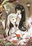  black_hair brown_hair butterfly_wings dark_elf dengeki_hp detached_sleeves elf fairy flower looking_at_viewer multiple_girls pointy_ears puffy_short_sleeves puffy_sleeves red_eyes short_sleeves shunsei_(muratou) silver_hair size_difference slit_pupils table white_hair wings yellow_eyes 