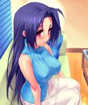  bare_shoulders blush breasts couch covered_nipples idolmaster idolmaster_(classic) large_breasts long_hair miura_azusa pillow purple_hair red_eyes sitting sleeveless sleeveless_turtleneck solo sweater turtleneck zen 