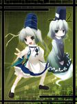  dress fang fighting_stance ghost ghost_tail green_dress hat izumi_yukiru japanese_clothes jitome mononobe_no_futo multiple_girls no_mouth ponytail silver_hair skirt soga_no_tojiko tate_eboshi touhou v_arms 