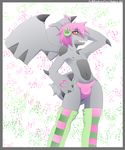  abstract_background anthro biped border bulge clothed clothing electronics front_view generation_5_pokemon grey_body grey_border grey_skin hair hand_behind_head hand_on_hip headphones kokoro-doll legendary_pokemon male musical_note nintendo nipples pink_hair pokemon pokemon_(species) pokemorph pose short_hair skimpy smile solo standing teeth text topless url wings zekrom 