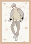  1boy border bright_pupils closed_mouth collared_jacket collared_shirt commentary copyright_name facial_tattoo food full_body grey_hair highres inumaki_toge jacket jacket_on_shoulders jujutsu_kaisen long_sleeves male_focus nata_kokone onigiri open_clothes open_jacket orange_border shirt short_hair solo standing standing_on_one_leg sweater symbol-only_commentary tattoo translation_request twitter_username white_pupils yellow_sweater 
