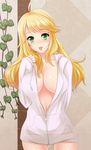  :p ahoge blonde_hair blush bottomless breasts cleavage green_eyes hood hoodie hoshii_miki idolmaster idolmaster_(classic) large_breasts long_hair no_bra open_clothes oyu-san shiny shiny_skin solo thigh_gap tongue tongue_out 