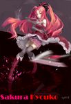  absurdres bad_id bad_pixiv_id black_legwear blurry boots chain chaojishadingyu depth_of_field elbow_gloves flail frills gathers gloves hair_ribbon highres long_hair mahou_shoujo_madoka_magica pleated_skirt polearm ponytail red_eyes red_hair ribbon sakura_kyouko skirt sleeveless solo spear thighhighs weapon 