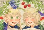  2girls alt_text berry black_choker blonde_hair blue_capelet blueberry blush braid bright_pupils capelet choker closed_eyes colored_eyelashes commentary_request dungeon_meshi elf falin_touden falin_touden_(tallman) flower food fruit green_eyes grey_background highres hood hooded_capelet leaf long_hair looking_down map marcille_donato multiple_girls mushroom open_mouth pointy_ears portrait purple_flower raspberry sasakura34 short_hair smile teeth thorns twin_braids upper_teeth_only white_pupils 