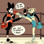 4_toes anthro black_body black_fur bottomwear boxing_gloves chloe_(fellowthewulf) clothing cocky_smile comic container cup cuphead_(game) dialogue duo english_text fan_character feet fellowthewulf female fighting_ring foot_wrapping foot_wrappings foot_wraps for_a_head fur handwear hi_res humanoid kickboxing leg_wraps miss_tea_(netto-painter) mouthguard muay_thai muscular muscular_female object_head shorts speech_bubble tall_girl tassels tea_bag tea_cup text toes tongue tongue_out toony wraps