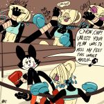 4_toes anthro black_arms black_body black_eye_(injury) black_fur bottomwear boxing_gloves bruised chloe_(fellowthewulf) clothing cocky cocky_smile comic container cup cuphead_(game) dialogue duo english_text face_kick fan_character feet fellowthewulf female fighting_ring foot_in_face foot_on_mouth foot_wrapping foot_wrappings foot_wraps for_a_head fur handwear hi_res humanoid kick kickboxing leg_wraps miss_tea_(netto-painter) mouthguard muay_thai muscular muscular_female object_head shorts speech_bubble tall_girl tassels tea_bag tea_cup teasing text toes tongue tongue_out toony topwear white_face wraps yellow_body