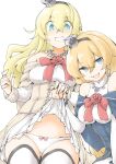  2girls akara_kai black_hairband blonde_hair blue_eyes braid breasts capelet clothes_lift crown dress dress_lift earrings embarrassed flower hair_between_eyes hairband half_up_braid highres jewelry kantai_collection large_breasts long_hair long_sleeves low-tied_long_hair mini_crown multiple_girls necklace off-shoulder_dress off_shoulder open_mouth red_flower ribbon sitting thighhighs valiant_(kancolle) warspite_(kancolle) white_dress 