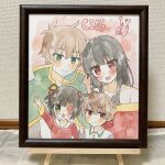  &gt;:) 2boys 2girls :d aged_up alternate_hair_length alternate_hairstyle arm_up bare_shoulders black_hair blunt_bangs blush brown_hair cape chestnut_mouth child closed_mouth collarbone collared_shirt comiket_105 commentary_request couple dress family father_and_daughter father_and_son green_cape green_eyes happy hetero highres if_they_mated kono_subarashii_sekai_ni_shukufuku_wo! long_hair long_sleeves looking_at_another looking_at_viewer looking_down megumin mother_and_daughter mother_and_son multiple_boys multiple_girls off-shoulder_dress off_shoulder photo_(medium) pink_background red_dress red_eyes sailor_dress satou_kazuma shikishi shirt short_hair signature simple_background smile smug spiked_hair split_mouth thumbs_up traditional_media two_side_up upper_body v-shaped_eyebrows waving white_shirt wide_sleeves yuno_(suke_yuno) 