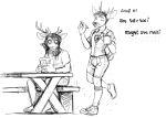 2025 alcohol anthro antlers beer beverage black_and_white deer dialogue duo eyes_closed furniture german_text hi_res hladilnik horn male mammal marylin_(hladilnik) monochrome notebook smile table text translated waiter