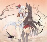  2girls albino black_hair couple dress flowers long_hair original redjuice ribbons sagesumi skirt smile thighhighs undressing white_hair wings yuri zettai_ryouiki 