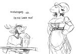 anthro big_breasts bovid breasts caprine cleavage clothed clothing deer dialogue english_text female german_text goat goat_barmaid_(hladilnik) hi_res hladilnik horn huge_breasts male mammal sketch solo text