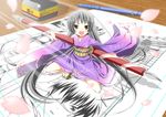  black_hair book chibi eraser flower_petals japanese_clothes kimono long_hair manga original pencil 