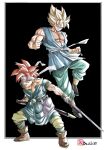  2boys absurdres beatlo_(rodrigo38658978) black_background blonde_hair blue_eyes blue_pants blue_tunic border chrono_trigger creator_connection crono_(chrono_trigger) crossover dragon_ball green_eyes highres holding holding_sword holding_weapon katana male_focus multiple_boys muscular muscular_male pants red_hair simple_background son_goku spiked_hair super_saiyan super_saiyan_1 sword tunic weapon white_border 
