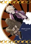  blonde_hair boots glowing ivan_karelin jacket letterman_jacket male_focus origami paper_crane purple_eyes purple_jacket solo tiger_&amp;_bunny yunvshen 