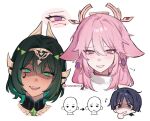  1boy 2girls :d black_hair bright_pupils dark-skinned_female dark_skin facial_mark genshin_impact green_eyes green_hair grin looking_at_viewer multiple_girls nefer_(genshin_impact) nonons open_mouth pink_hair purple_eyes scaramouche_(genshin_impact) shirt short_hair simple_background smile white_background white_pupils white_shirt yae_miko 