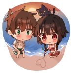  1boy 1girl :| alternate_costume animal_on_head backlighting bare_shoulders beach bikini black_cat black_hair blush blush_stickers branch brown_hair cat cat_on_head chibi chibi_only chomusuke closed_mouth colored_sclera couple eyes_visible_through_hair flirting frilled_bikini frills full_body green_eyes hair_between_eyes heart hetero highres holding holding_branch kneeling kono_subarashii_sekai_ni_shukufuku_wo! looking_down male_swimwear megumin no_headwear ocean on_head outdoors polka_dot polka_dot_bikini red_bikini red_eyes sand_writing satou_kazuma short_hair short_hair_with_long_locks sitting smile sun sunset swim_trunks swimsuit yellow_sclera yuno_(suke_yuno) 