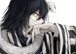  023_cream 1boy bandages_over_mouth black_hair black_jacket buttons covered_mouth gold_buttons hair_between_eyes hand_up iguro_obanai jacket kimetsu_no_yaiba male_focus medium_hair profile red_eyes simple_background snake solo striped_haori upper_body white_background white_snake yellow_eyes 