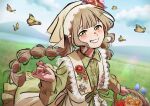  1girl absurdres apron argyle_clothes argyle_headscarf blue_flower blue_sky blunt_bangs blunt_ends brown_eyes brown_hair bug butterfly buttons circle_skirt cloud collared_dress commentary_request country_lolita cowboy_shot daisy_(flower) day dress fingernails floating_clothes floating_hair floral_background flower frilled_dress frills green_dress green_pastoral_(shining_nikki) grin hair_flower hair_ornament hairclip happy hat hat_flower headscarf highres holding holding_flower lace-trimmed_apron lace-trimmed_headwear lace_trim leaf_hair_ornament light_blush light_rays lipstick lolita_fashion long_dress long_hair long_sleeves low_twintails makeup mountainous_horizon multi-tied_hair nikki_(series) nostrils onomari546 outdoors pink_flower pink_lips plaid_clothes plaid_dress pointy_nose purple_flower red_flower shining_nikki sidelocks sky smile solo standing tulip twintails very_long_hair wavy_hair white_apron white_flower yellow_butterfly yellow_flower yellow_headscarf 