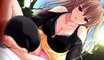  1girl atelier_kaguya ayabe_miyuki blush breasts brown_hair censored cleavage erect_nipples femdom frottage ijira_rental_eroama_onee_san_ni_kashidasarechatta!! large_breasts lingerie long_hair looking_at_viewer naughty_face open_mouth outdoors red_eyes sex skirt thighhighs twintails underwear 