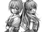  ayanami_rei blush greyscale hands_on_hips harurun long_hair looking_at_viewer looking_back monochrome multiple_girls neon_genesis_evangelion open_mouth school_uniform short_hair simple_background sketch souryuu_asuka_langley 