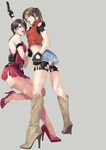  2girls ada_wong ass black_hair blue_eyes boots brown_eyes brown_hair bukkake claire_redfield cum cum_on_body cum_on_clothes cum_on_hair cum_on_lower_body denim denim_shorts facial fingerless_gloves fishnet fishnets gloves gun handgun high_heels legs lips midriff miniskirt multiple_girls ponytail resident_evil resident_evil_2 shoes short_hair short_skirt shorts skirt sww13 torn_clothes weapon yuri 