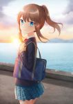  1girl absurdres backlighting bag black_jacket blazer blue_eyes blue_skirt brown_hair brown_sweater buttons closed_mouth cloud cloudy_sky collared_shirt commentary_request cowboy_shot duffel_bag from_side highres horizon jacket long_hair long_sleeves looking_at_viewer looking_back miniskirt moe2019 mountain necktie ocean original outdoors pier pleated_skirt ponytail red_neckwear saki_usagi school_bag school_uniform shirt sidelocks skirt sky sleeves_past_wrists smile solo standing sun sunlight sunset sweater water white_shirt wing_collar 