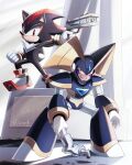  2boys absurdres armor bass_(mega_man) black_armor black_helmet chest_jewel crossover finger_on_trigger forehead_jewel full_body gun helmet highres holding holding_gun holding_weapon male_focus mega_man_(classic) mega_man_(series) multiple_boys shadow_the_hedgehog sonic_(series) weapon xenon_(xenonb) 