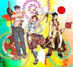  3boys axe axis_powers_hetalia black_eyes black_hair black_shoes blonde_hair blue_eyes blue_pants boots brown_boots brown_gloves brown_hair brown_hat brown_pants brown_shoes brown_shorts closed_eyes closed_mouth coat commentary_request cosplay crop_top cross cross_print feathered_wings fingerless_gloves flag flower flower_on_head full_body fur-trimmed_pants fur-trimmed_shirt fur_trim german_flag germany_(hetalia) gloves gold_trim hat head_wings high_priest_(ragnarok_online) high_priest_(ragnarok_online)_(cosplay) highres holding holding_axe holding_flag holding_staff italian_flag japan_(hetalia) japanese_flag kitami_homura long_sleeves looking_at_another multicolored_coat multiple_boys northern_italy_(hetalia) open_mouth pants peaked_cap ragnarok_online red_coat red_flower shirt shoes short_hair shorts sleeveless sleeveless_shirt smile staff star_(symbol) super_novice_(ragnarok_online) super_novice_(ragnarok_online)_(cosplay) suspenders two-tone_coat white_coat white_flag white_shirt white_wings whitesmith_(ragnarok_online) whitesmith_(ragnarok_online)_(cosplay) wings yellow_flower 