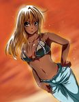  bare_shoulders blonde_hair bra bracelet breasts brown_eyes cleavage collarbone dark_skin denim dutch_angle ganguro hand_on_hip harurun jeans jewelry lingerie long_hair medium_breasts navel original pants smile solo tan underwear 