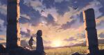  1girl absurdres bird cloud cloudy_sky commentary facing_away field from_behind hanagami_gendai highres lens_flare long_sleeves looking_afar mountainous_horizon original outdoors revision ruins scenery short_hair sitting sky staff sunlight sunrise sunset twitter_username wide_shot 