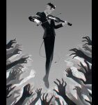  1boy bow_(music) closed_eyes closed_mouth commentary demon_boy demon_horns demon_tail full_body grey_background greyscale highres holding holding_instrument holding_violin horns instrument jacket long_sleeves male_focus monochrome music original pants playing_instrument shoes short_hair siiar_(lvlcmxcix) solo surrounded_by_hands tail violin 