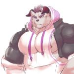  behemoth_(housamo) bust_portrait clothing episode0006 fur hair hi_res hoodie horn male monster muscular muscular_male nipples pecs portrait purple_hair tokyo_afterschool_summoners video_games white_fur 