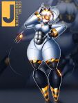 2025 4_fingers abs arthropod_abdomen artist_name bangs black_abdomen black_legs breasts chest_crystal cleavage clothed clothing disassembly_drone featureless_breasts featureless_crotch female fingers glitch_productions glowing glowing_eyes hair hand_on_head hand_on_hip hazard_stripes hi_res hueleo8 humanoid j_(murder_drones) joints legs_together looking_at_viewer machine medium_breasts murder_drones noseless not_furry nude null robot robot_humanoid screen_eyes shaded signature solo standing syringe_tail tail tailed_humanoid text thick_thighs twintails_(hairstyle) white_body white_hair wide_hips yellow_eyes