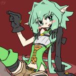  1girl amboynav2 arched_back arm_support blush flat_chest gloves green_eyes green_hair looking_at_viewer pointy_ears red_background shorts simple_background smile spoken_blush 
