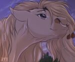 absurd_res blonde_hair blonde_mane cloud digital_media_(artwork) equid equine facial_piercing female feral fur grey_eyes hair hi_res hors lights mammal mane nose_piercing nose_ring piercing plant portrait ring_piercing shyryp sky smile solo sunset tree yellow_body yellow_fur
