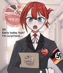  absurdres armband black_suit blush bow bowtie breast_pocket english_text fangs german_text grey_eyes highres holding holding_paper koalakanru nazi open_mouth original paper pocket red_bow red_bowtie red_hair school shirt shirt_under_shirt short_hair student_council_uniform suit swastika talking white_shirt 