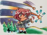  1girl ^^^ black_sailor_collar black_serafuku black_shirt black_shoes black_skirt brown_eyes brown_hair chibi chibi_only commentary_request highres kokomahi loafers nanase_yuu night official_art outdoors parted_lips pine_tree pleated_skirt pointing sailor_collar school_uniform sentimental_graffiti serafuku shirt shoes shooting_star short_hair skirt smile socks solo standing star_(symbol) traditional_media tree white_socks 