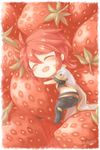  chibi closed_eyes food fruit luke_fon_fabre male_focus midriff red red_hair solo strawberry tales_of_(series) tales_of_the_abyss yulit 