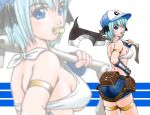  1girl ass axe baseball_bat bat_wings belt belt_pouch bikini bikini_top_only black_wings blue_eyes blue_gloves blue_hair blue_hat blue_shorts breasts brown_belt commentary_request cowboy_shot daina_rukawa fingerless_gloves from_behind gloves hat head_wings holding holding_axe looking_at_viewer looking_back medium_breasts pacifier pouch ragnarok_online short_hair short_shorts shorts sideboob swimsuit white_background white_bikini whitesmith_(ragnarok_online) wings zoom_layer 