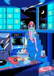 1girl antique_phone aqua_pajamas barefoot blue_eyes cloud commentary crescent_moon cup full_body hair_between_eyes hand_on_own_foot headband highres holding holding_cup indoors knee_up long_hair looking_ahead moon nakazawa_ayami neon_palette night night_sky orange_hair original pajamas phone phonograph rotary_phone rug scissors short_sleeves shouji sitting sitting_on_stairs sky sliding_doors solo stairs twintails very_long_hair 