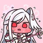  1girl bare_shoulders blue_archive blush blush_stickers chibi chibi_only commentary_request crescent crescent_hair_ornament detached_sleeves earrings embarrassed full-face_blush hair_ornament half_updo halo head_wings holding holding_wand jazz_jack jewelry long_hair lowres magical_girl mole mole_under_eye motion_lines multicolored_hair neck_ribbon nervous_sweating pink_background pink_hair pink_halo pink_ribbon red_eyes ribbon single_hair_intake single_head_wing solo star_(symbol) star_earrings streaked_hair suzumi_(blue_archive) suzumi_(magical)_(blue_archive) sweat very_long_hair wand white_hair wings 