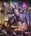  animal_skull ars_goetia babylon bael_(ars_goetia) black_nails building cat_skull cloud exoskeleton extra_legs full_body glowing glowing_hand highres holding holding_staff horns madowl magic multiple_heads muscular open_mouth organic pointy_ears red_eyes scenery sharp_teeth skull sky solo staff stitched_mouth stitches teeth tower tower_of_babel 