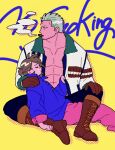 1boy 1girl abs antenna_hair ben-day_dots black_pants blue_jacket boots brown_boots brown_gloves buttons cigar clenched_hand closed_eyes collarbone commentary_request couple crying facial_hair fur-trimmed_jacket fur_trim gloves goatee_stubble grey_hair hand_on_another's_shoulder hand_on_own_knee hetero highres jacket jacket_tug kabane_(rjev8385) lace-up_boots long_sleeves lying_on_lap mouth_hold muscular muscular_male no_shirt oc_x_canon one_piece original pants pink_pants ponytail pop_art profile screentones short_hair short_ponytail sitting smoke smoke_trail smoker_(one_piece) smoking stubble tears white_jacket yellow_background 