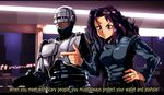  1girl 80s armor auto-9 crossover cyborg full_metal_panic! gun hand_on_hip handgun manly oldschool otaking parody peter_weller police robocop robocop_(character) science_fiction subtitled uniform weapon 