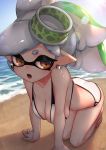  +_+ 1girl all_fours alternate_costume artist_name bare_shoulders barefoot beach bikini blue_sky blush breasts brown_eyes cleavage collarbone day domino_mask earrings female green_hair grey_hair half-closed_eyes highres hotaru_(splatoon) jewelry jpeg_artifacts kashu_(hizake) large_breasts lens_flare looking_to_the_side mask mole mole_under_eye multicolored_hair nintendo nose_blush object_on_head ocean open_mouth outdoors pointy_ears sand shiny shiny_hair short_hair sky solo splatoon splatoon_(series) splatoon_1 sun sunlight swimsuit teeth tentacle tentacle_hair tied_hair tongue water watermark white_bikini 