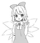  :o bow cirno greyscale hair_bow kannazuki_hato monochrome open_mouth pointing pointy_ears short_hair simple_background solo touhou upper_body wings 
