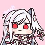  1girl bare_shoulders blue_archive blush_stickers chibi chibi_only commentary_request crescent crescent_hair_ornament detached_sleeves earrings hair_ornament half_updo halo head_wings holding holding_wand jazz_jack jewelry long_hair lowres magical_girl mole mole_under_eye multicolored_hair neck_ribbon nervous pink_background pink_hair pink_halo pink_ribbon red_eyes ribbon single_hair_intake single_head_wing solo star_(symbol) star_earrings streaked_hair suzumi_(blue_archive) suzumi_(magical)_(blue_archive) very_long_hair wand white_hair wings 