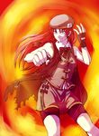  absurdres adapted_costume alternate_eye_color beret bow braid clenched_hand fingerless_gloves fire gloves grey_eyes hair_bow hat highres hong_meiling long_hair parano red red_hair skirt solo star torn_clothes touhou twin_braids zipper 